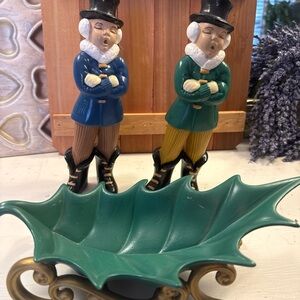 Vintage Christmas Atlantic Mold (2) Caroler Figurines and Leaf sleigh